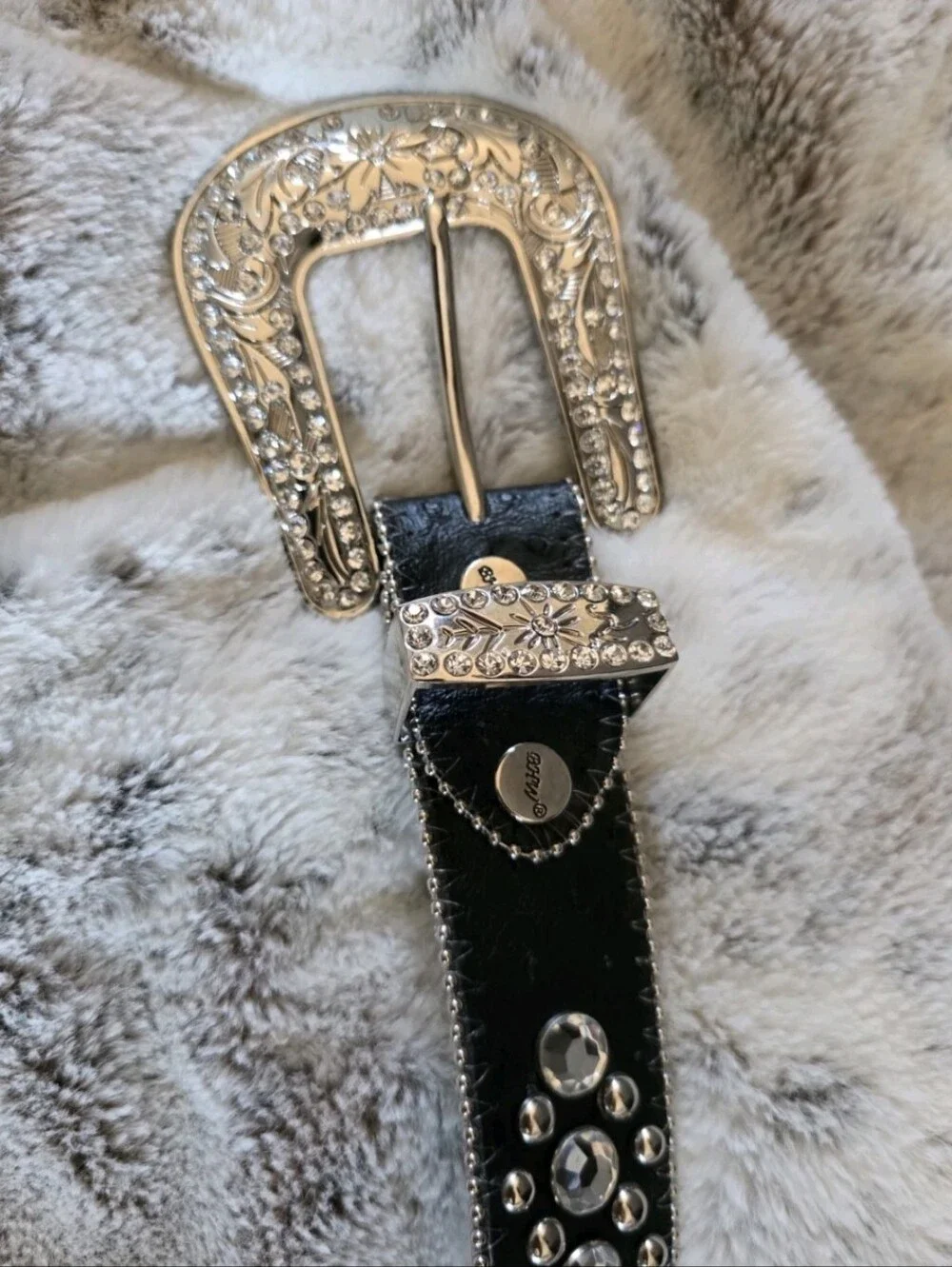 BHW Women's Black Leather Western Belt Crystals and Bling Accents Size M